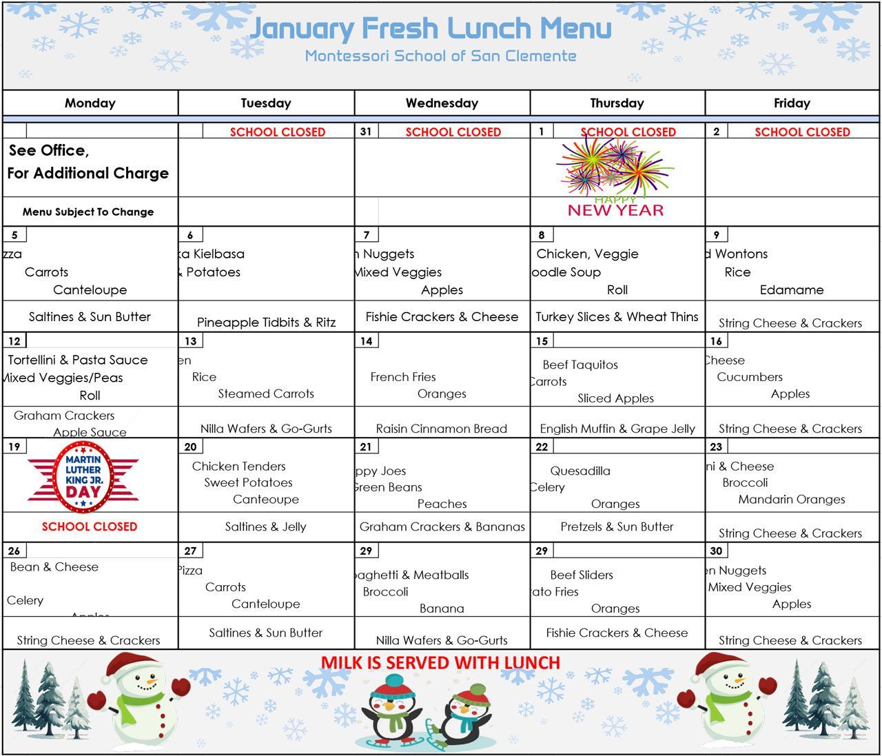January Lunch Menu