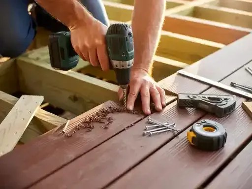 Person drilling screws into wooden deck planks, construction site, close-up.