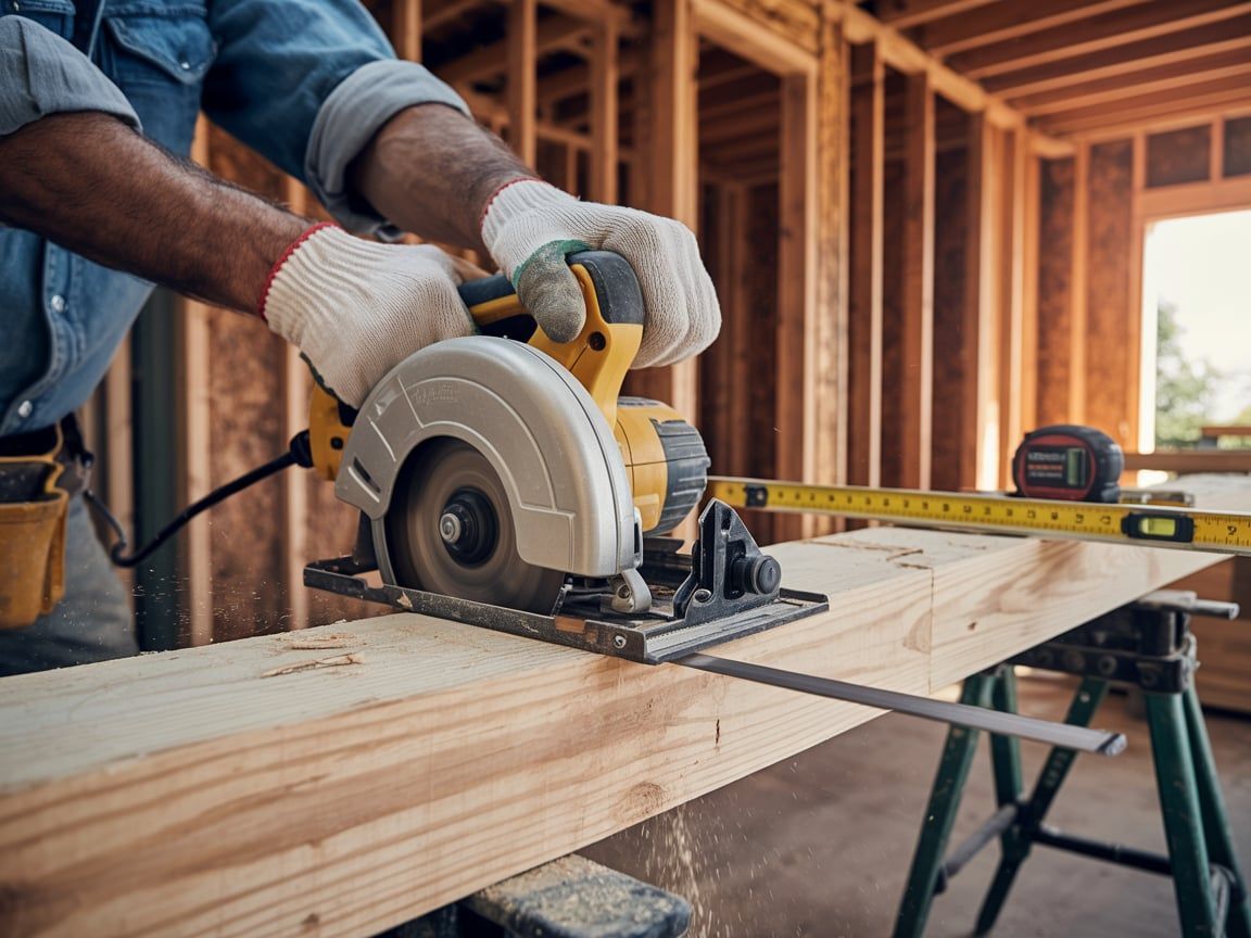 Construction worker using a circular saw to cut a wooden beam in a building's frame, with gloves on, indoors.