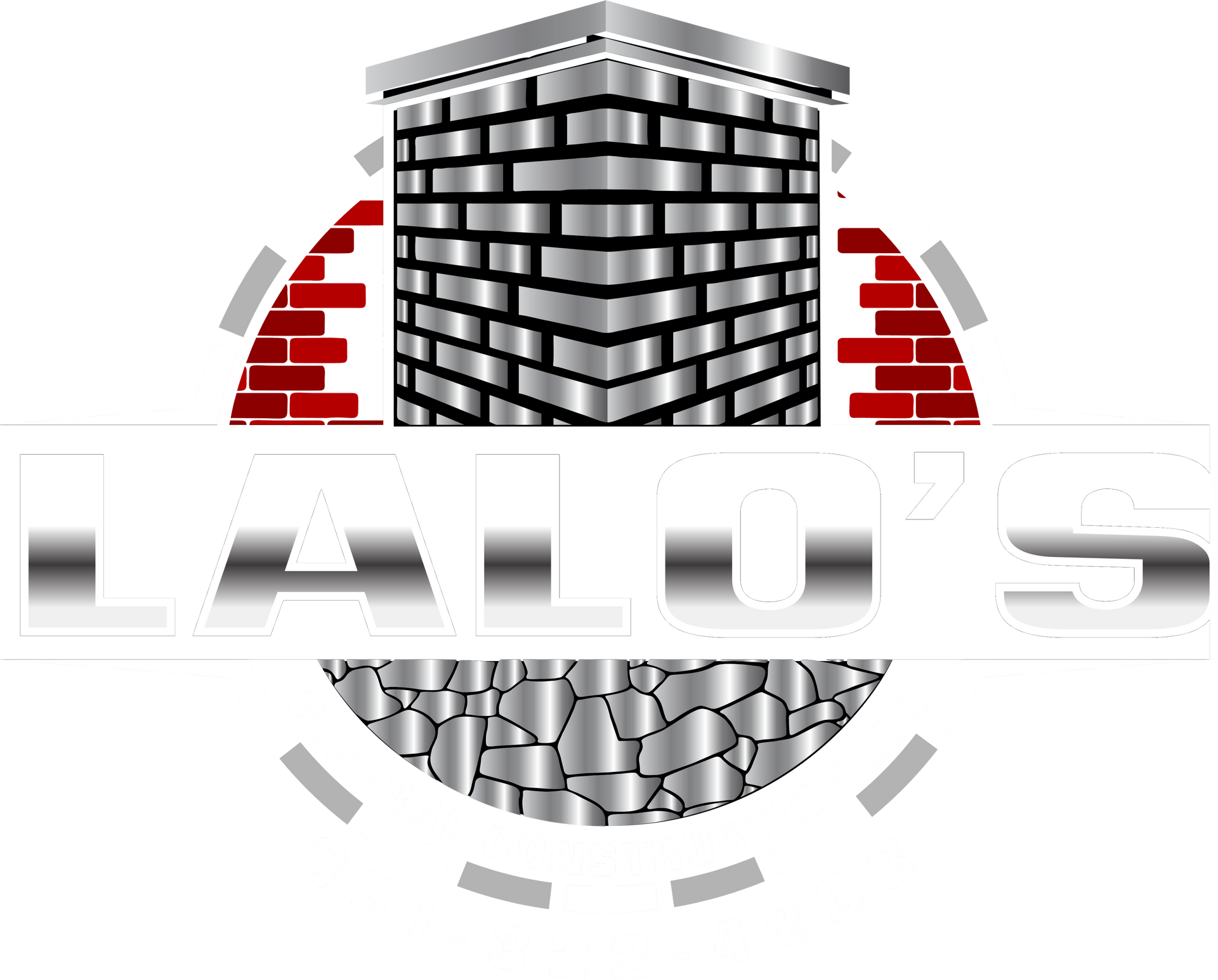 Logo for Lalo's General Construction LLC. Features a brick chimney, silver text, and gray stone background. Includes a phone number.