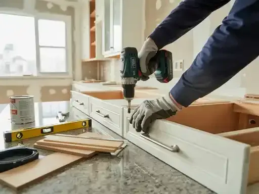 Person using a power drill to install a drawer in a kitchen.