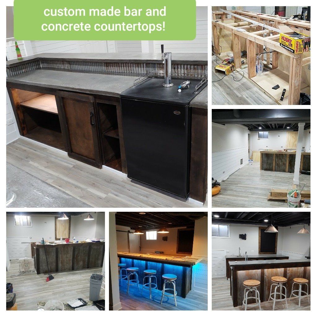 A collage of pictures of a custom made bar and concrete countertops.