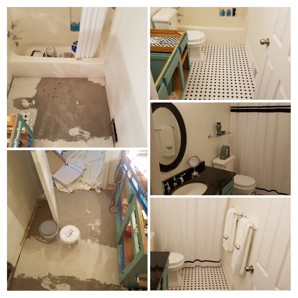 A collage of four pictures of a bathroom being remodeled
