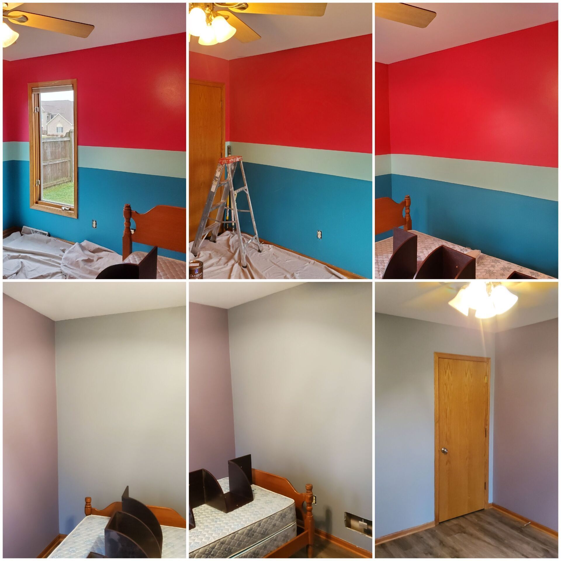 A collage of pictures showing a bedroom being painted