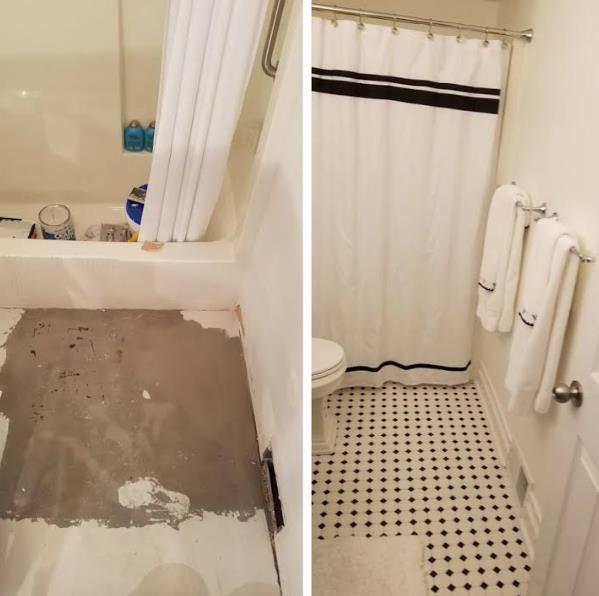 A before and after picture of a bathroom with a shower curtain