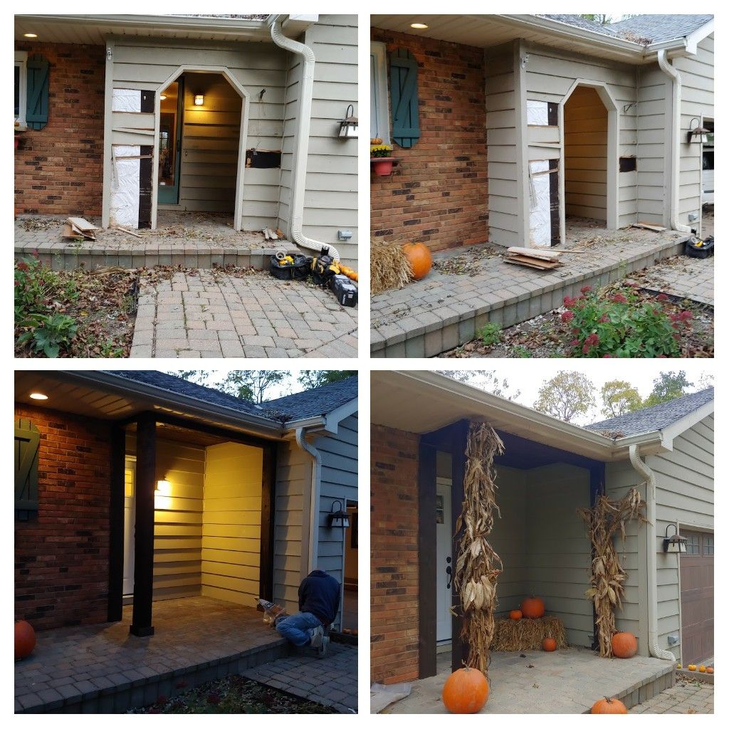 A collage of four pictures of a house with pumpkins on the porch