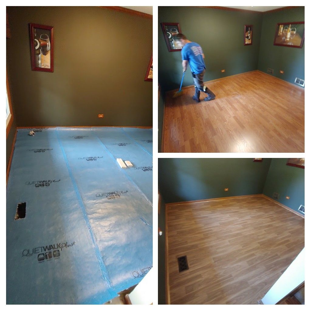 A man is standing on a wooden floor in a room.