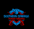 Logo for Southern Sparkle Power Washing featuring a house outline, water droplet, and power wash guns, in blue and red.