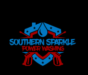 Logo for Southern Sparkle Power Washing featuring a house outline, water droplet, and power wash guns, in blue and red.