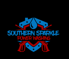 Logo for Southern Sparkle Power Washing featuring a house outline, water droplet, and power wash guns, in blue and red.