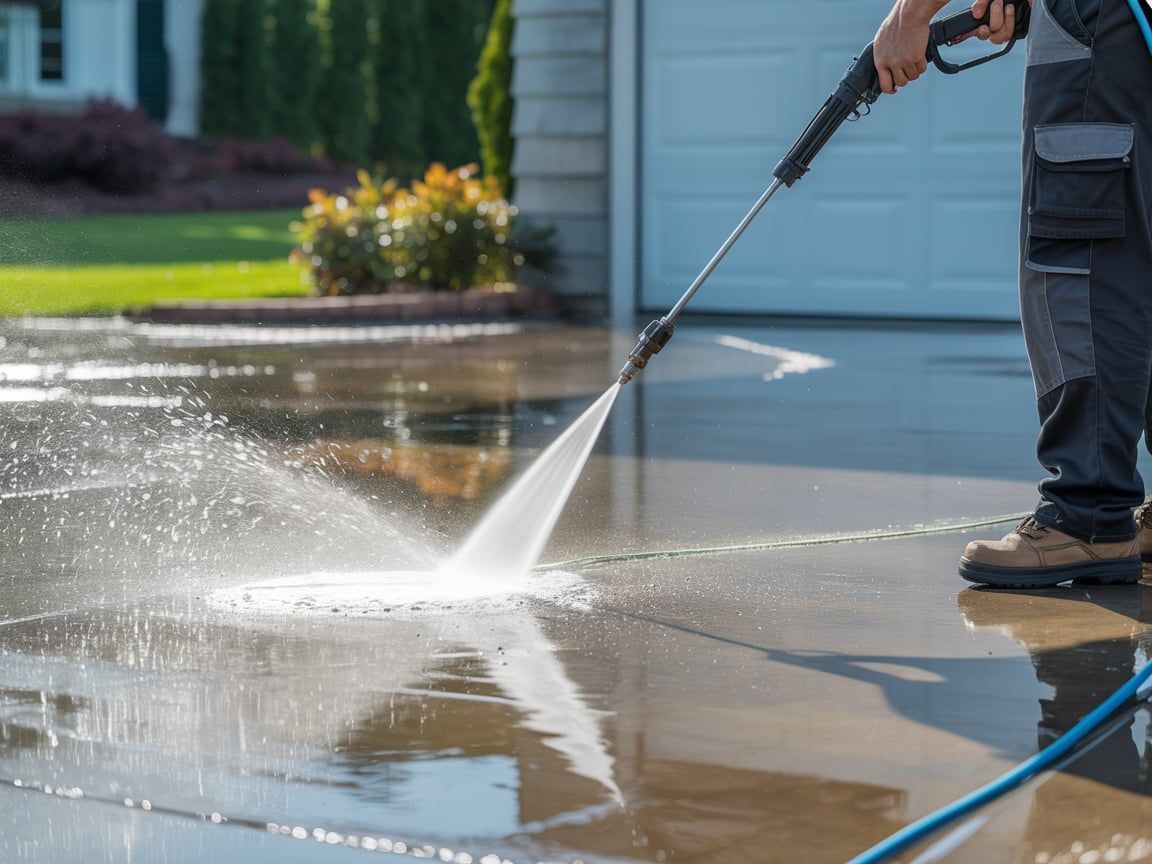 Person power washing a concrete driveway with a pressure washer, spraying water.