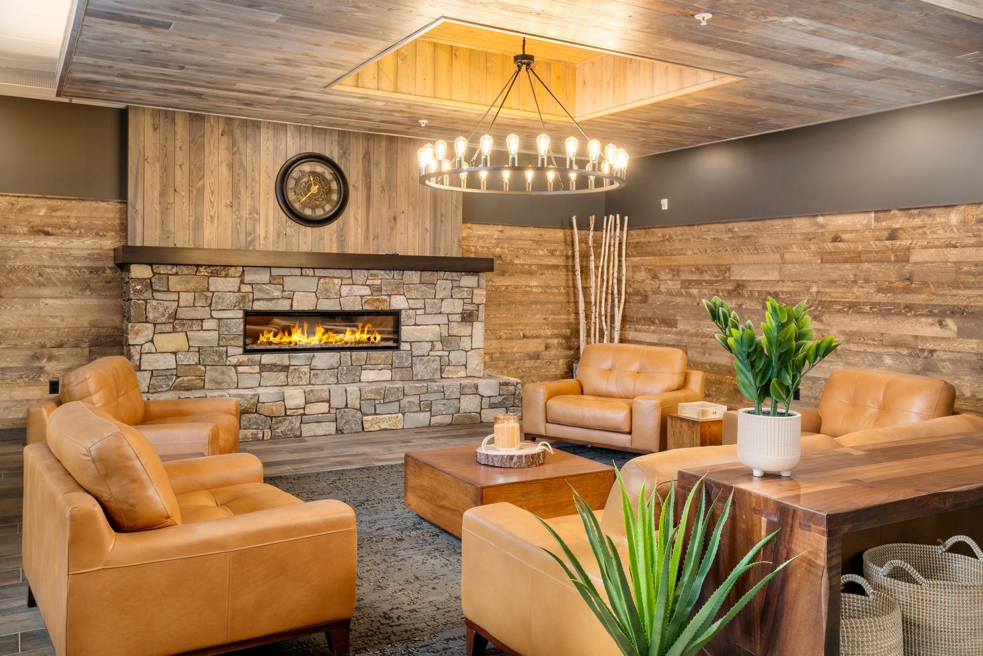 a living room filled with furniture and a fireplace .