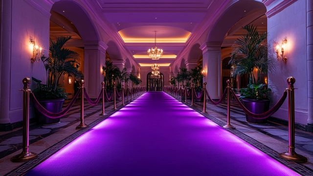 A long hallway with a purple carpet and purple lights.