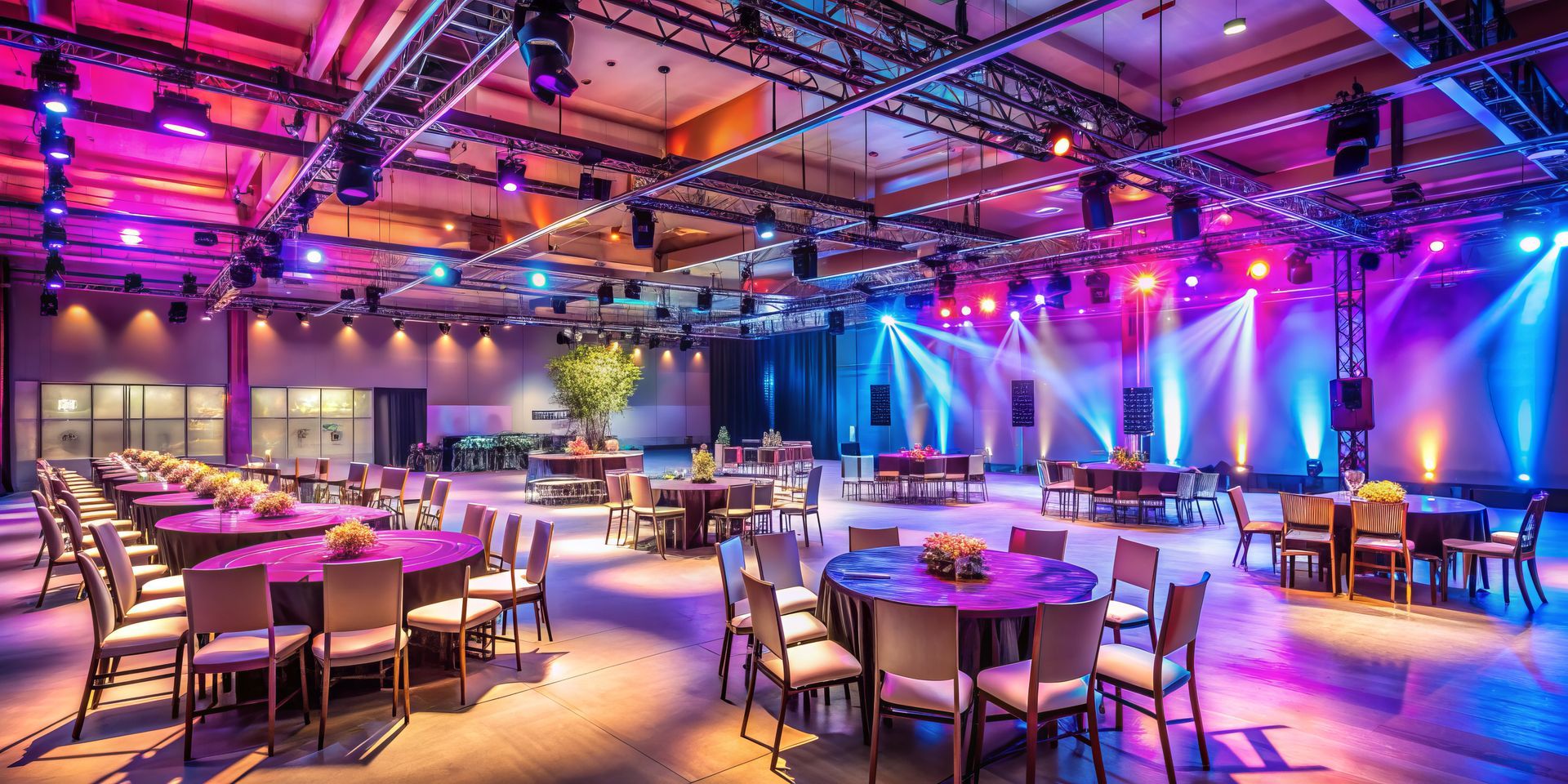 A large room with tables and chairs set up for a party.