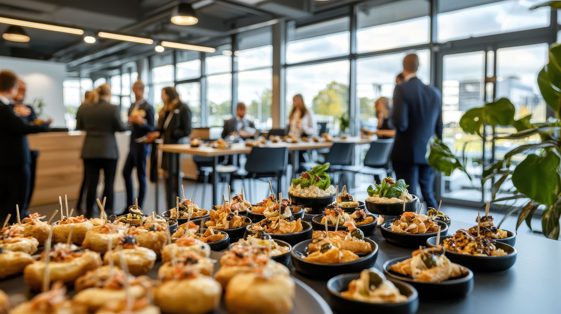 A group of people are standing around a table with plates of food.