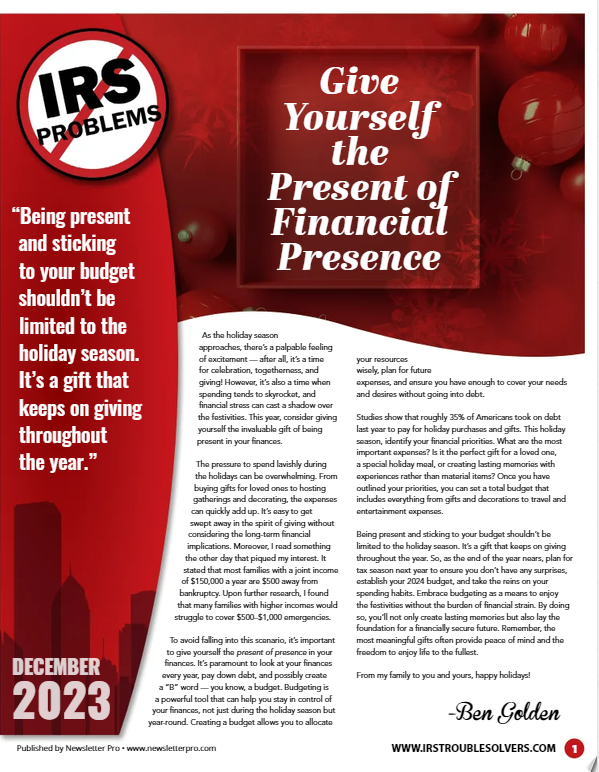 a flyer for irs problems give yourself the present of financial presence  | Elmhurst, IL