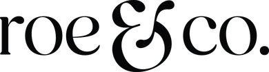 A black and white logo for roe & co. on a white background.