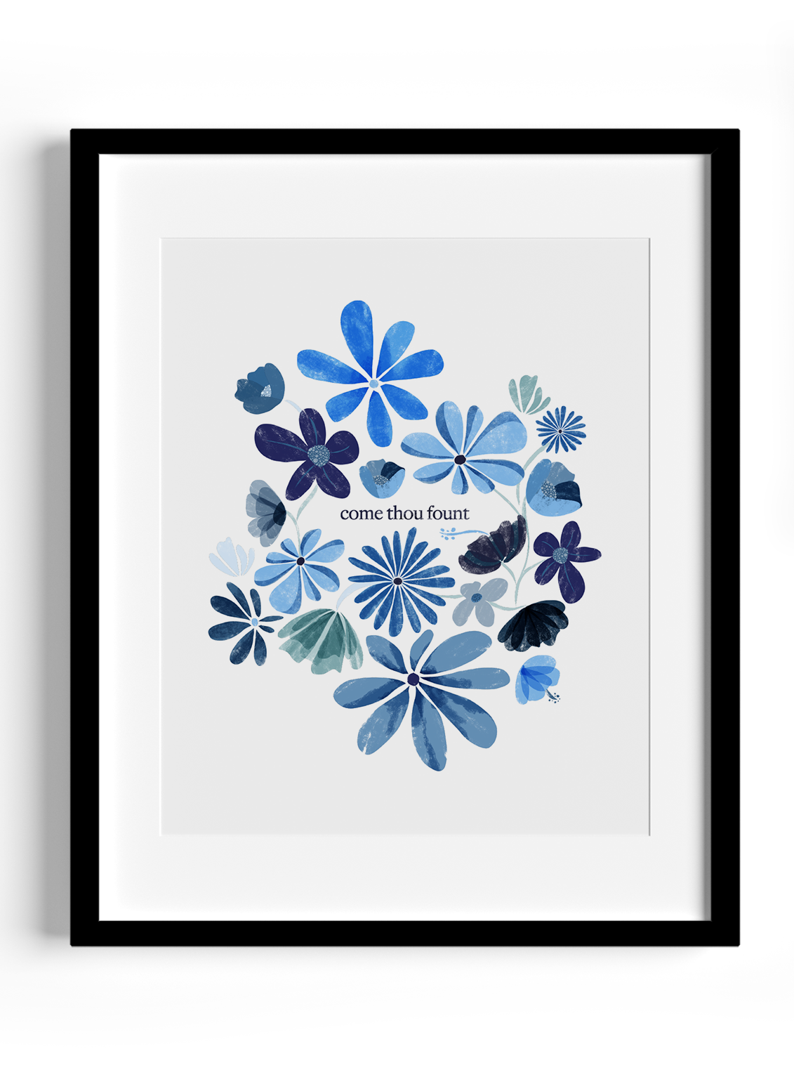 A bunch of blue flowers with the words come thou fourt on the bottom