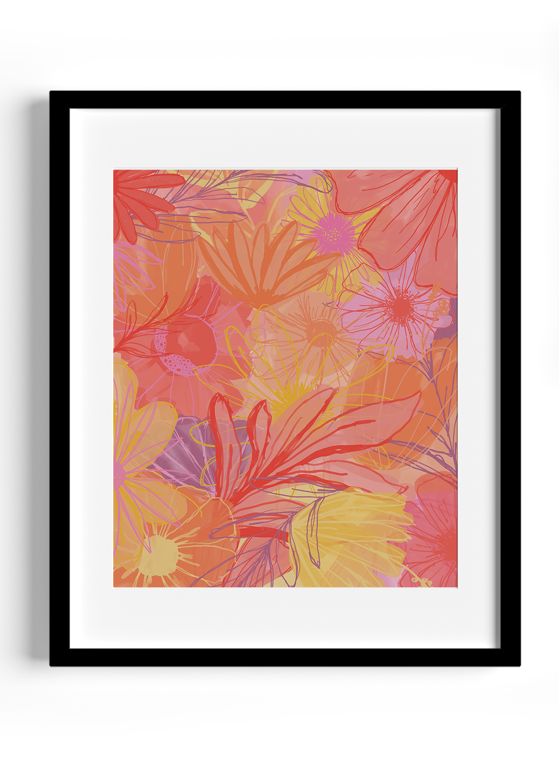 A bunch of pink and yellow flowers on a pink background.