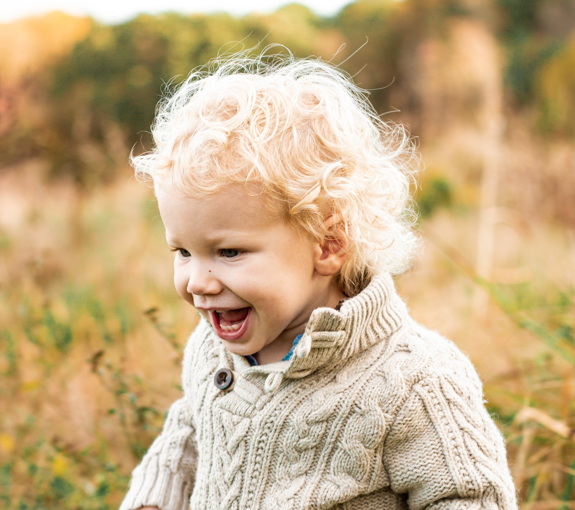 A little boy in a sweater is sitting in a field with his mouth open.