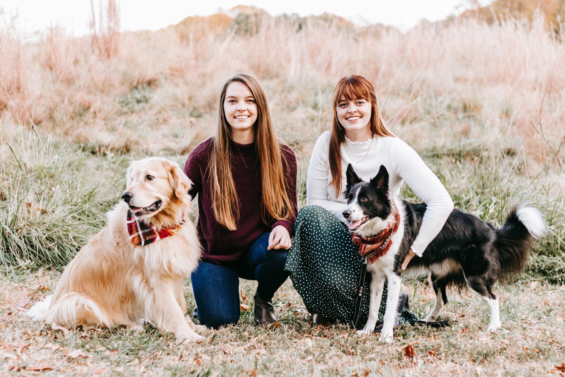 Two women are posing for a picture with their dogs in a field.