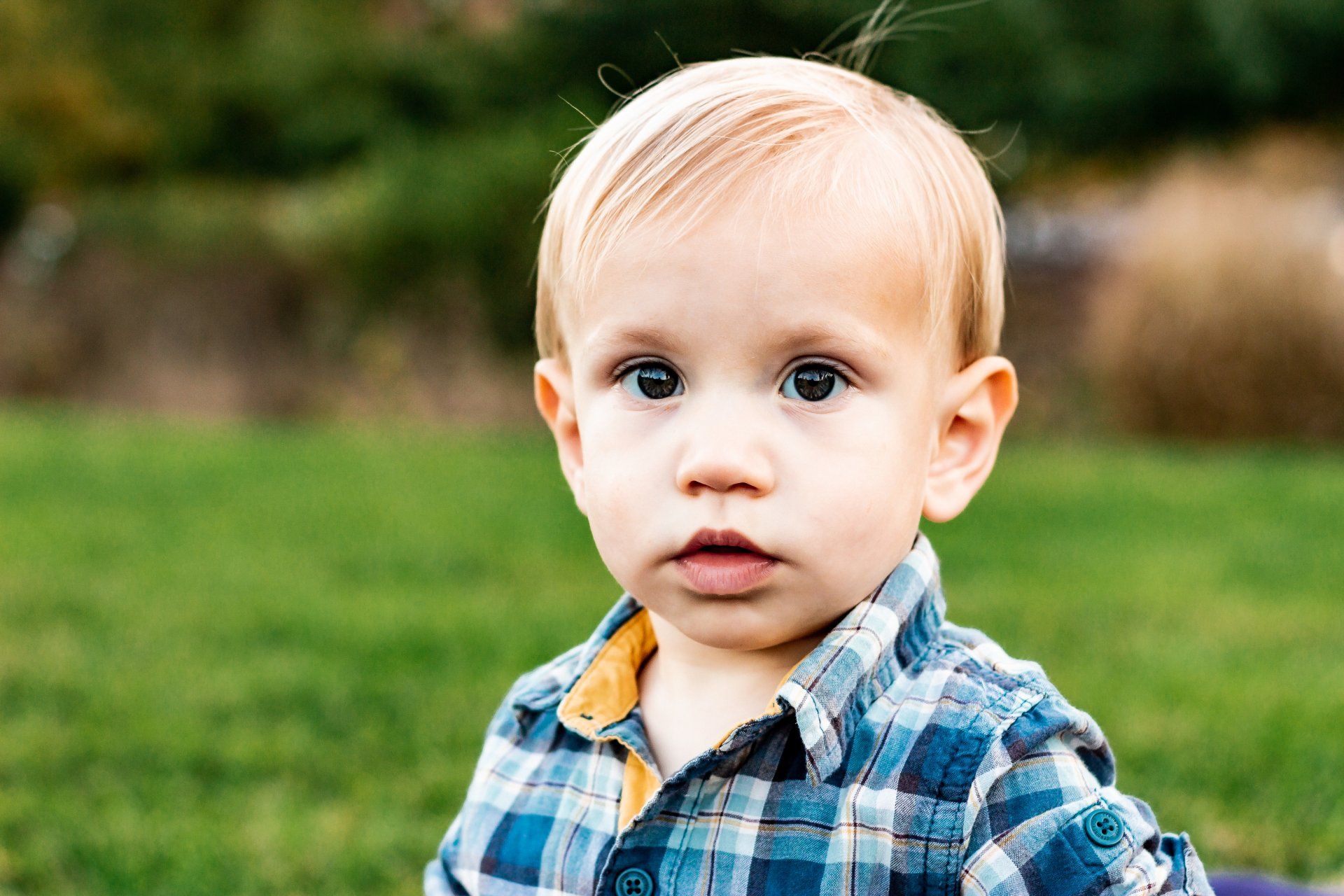 A baby boy wearing a plaid shirt is sitting in the grass.