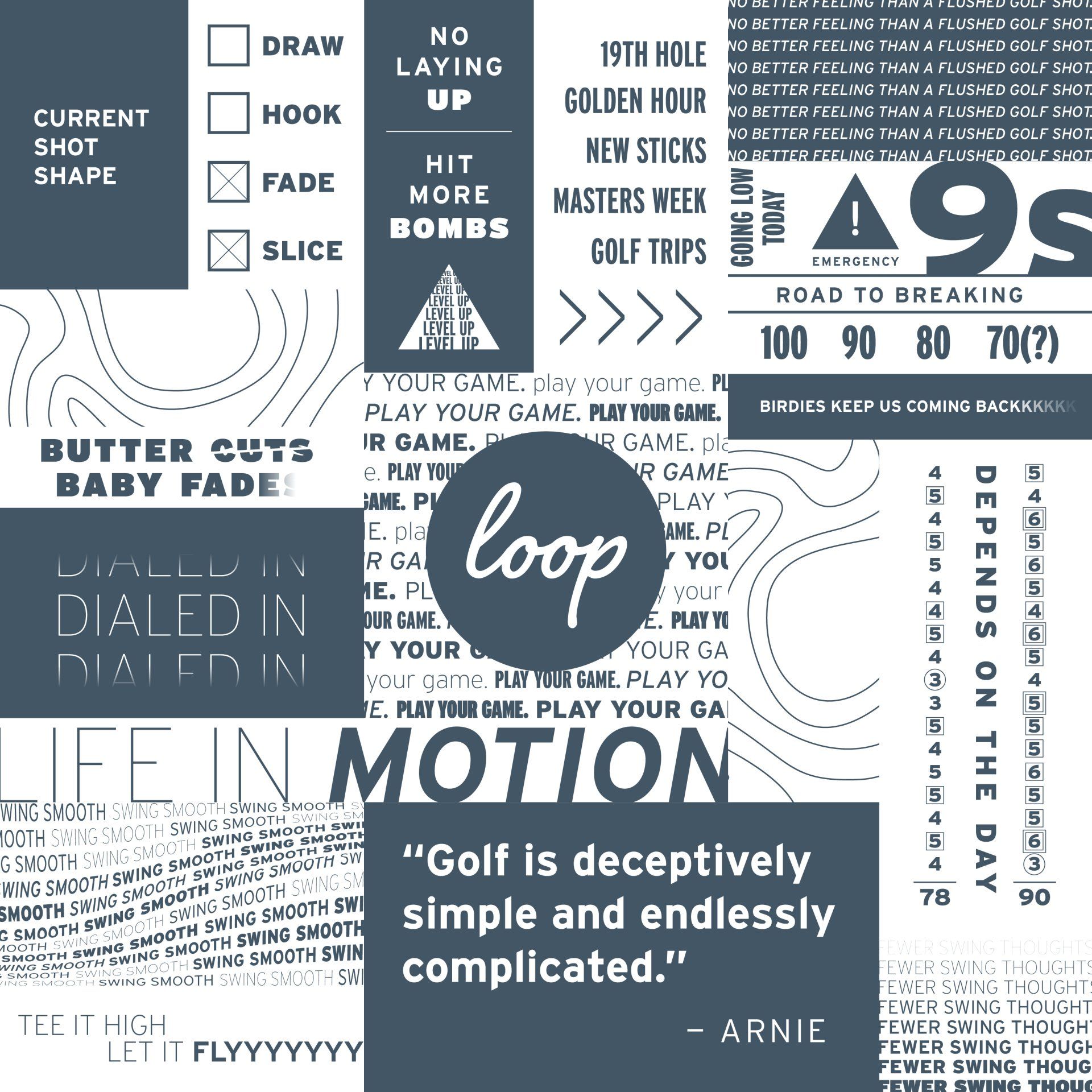 A poster that says golf is deceptively simple and endlessly complicated