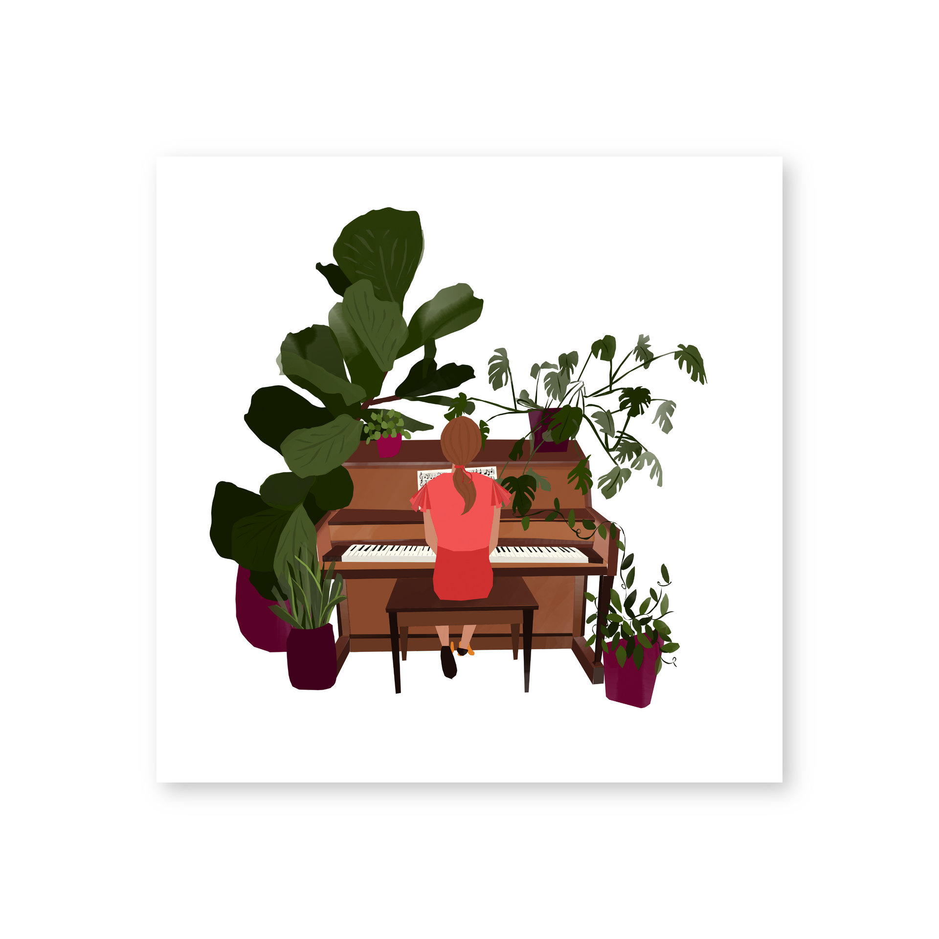 A woman is sitting at a piano surrounded by potted plants.