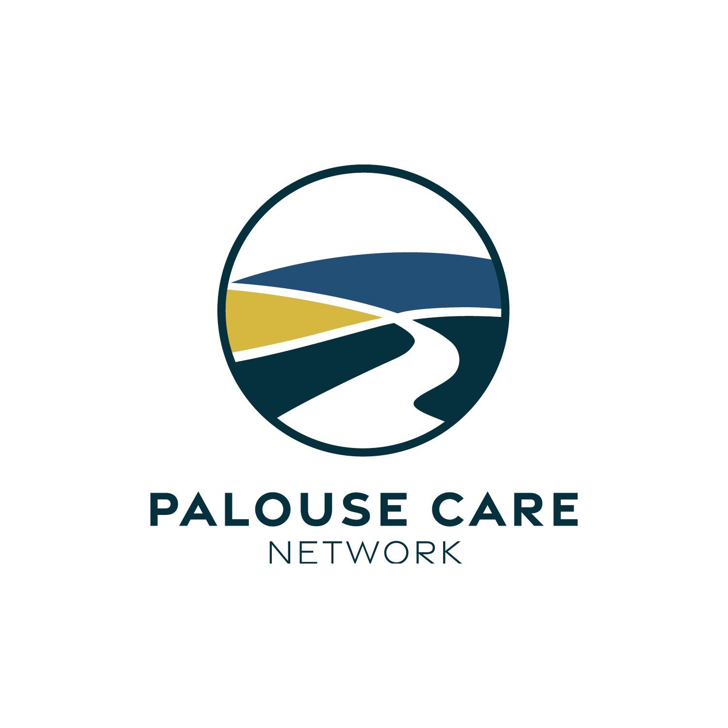 The palouse care network logo is a circle with a road in it.