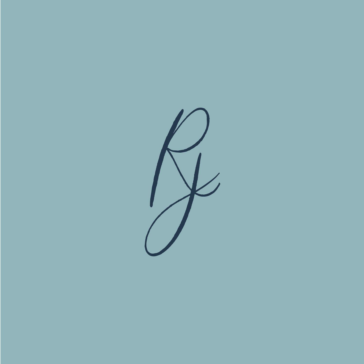 The letter r is written in cursive on a blue background.