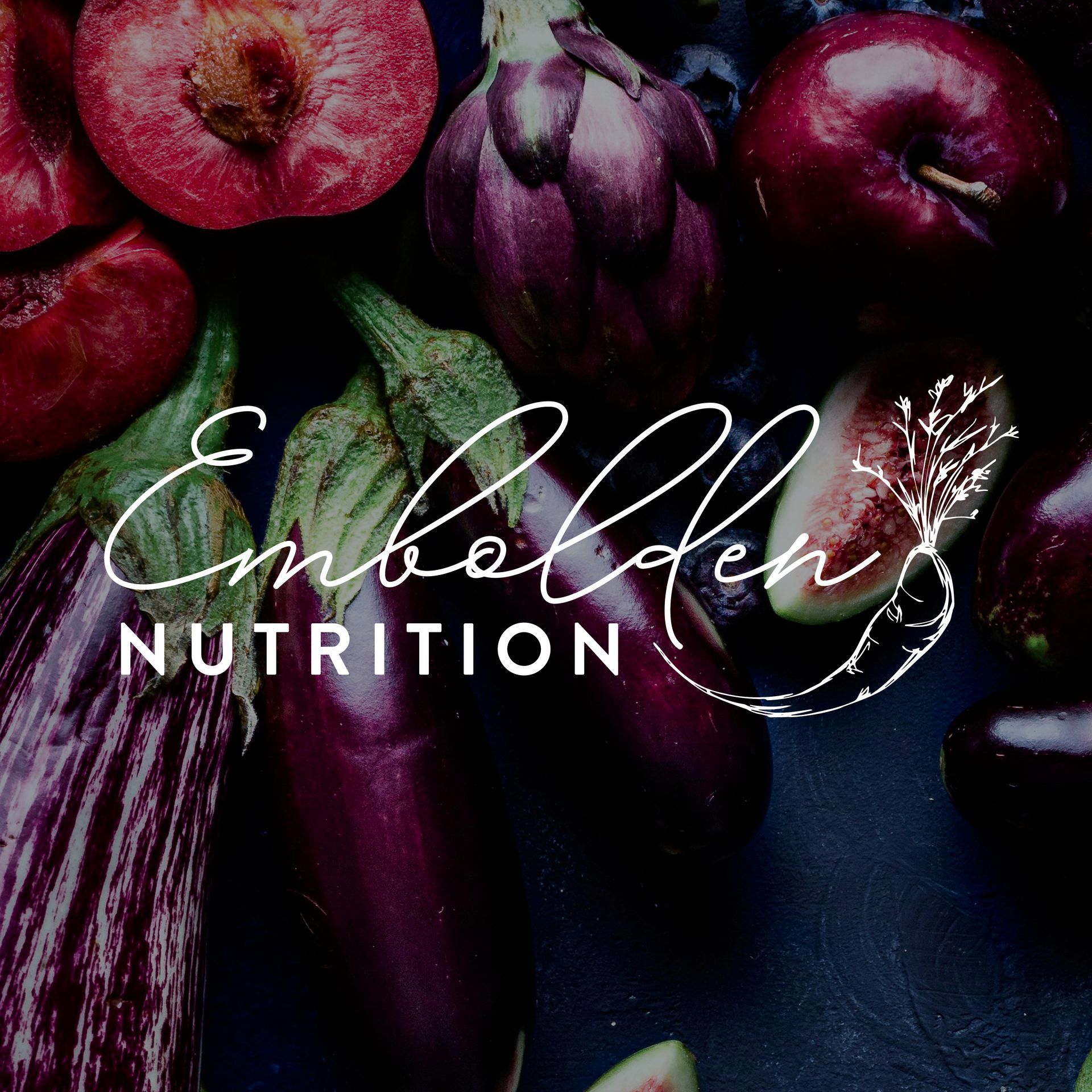 A bunch of fruits and vegetables with the words embedded nutrition on the bottom