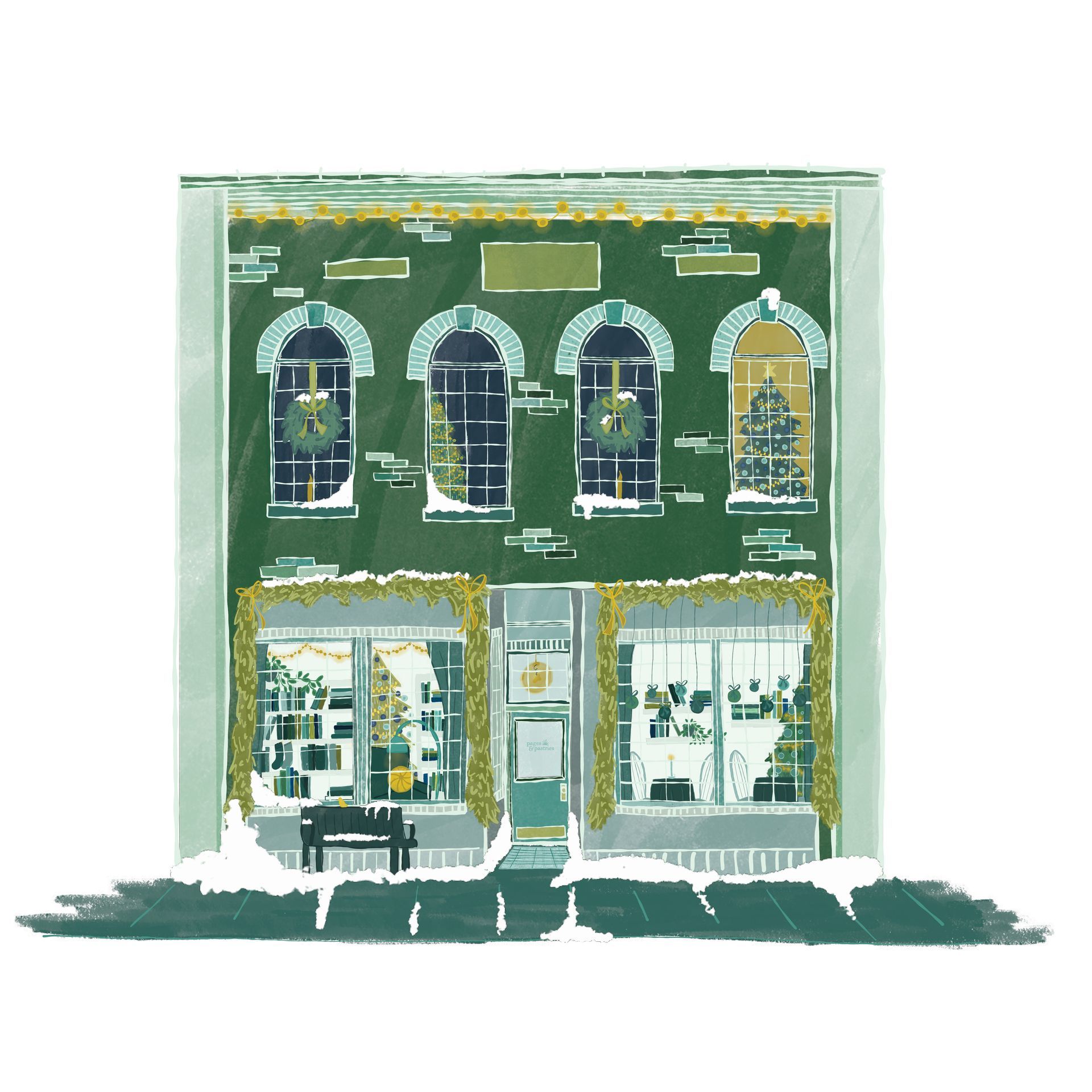 A green building with a lot of windows and a bench in front of it.