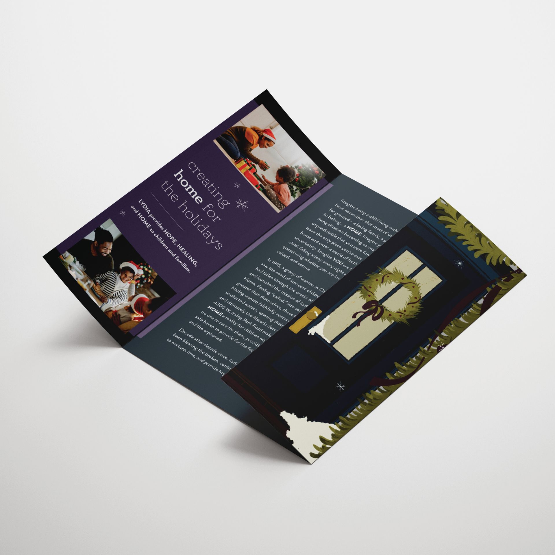 A brochure with a picture of a door and a wreath on it