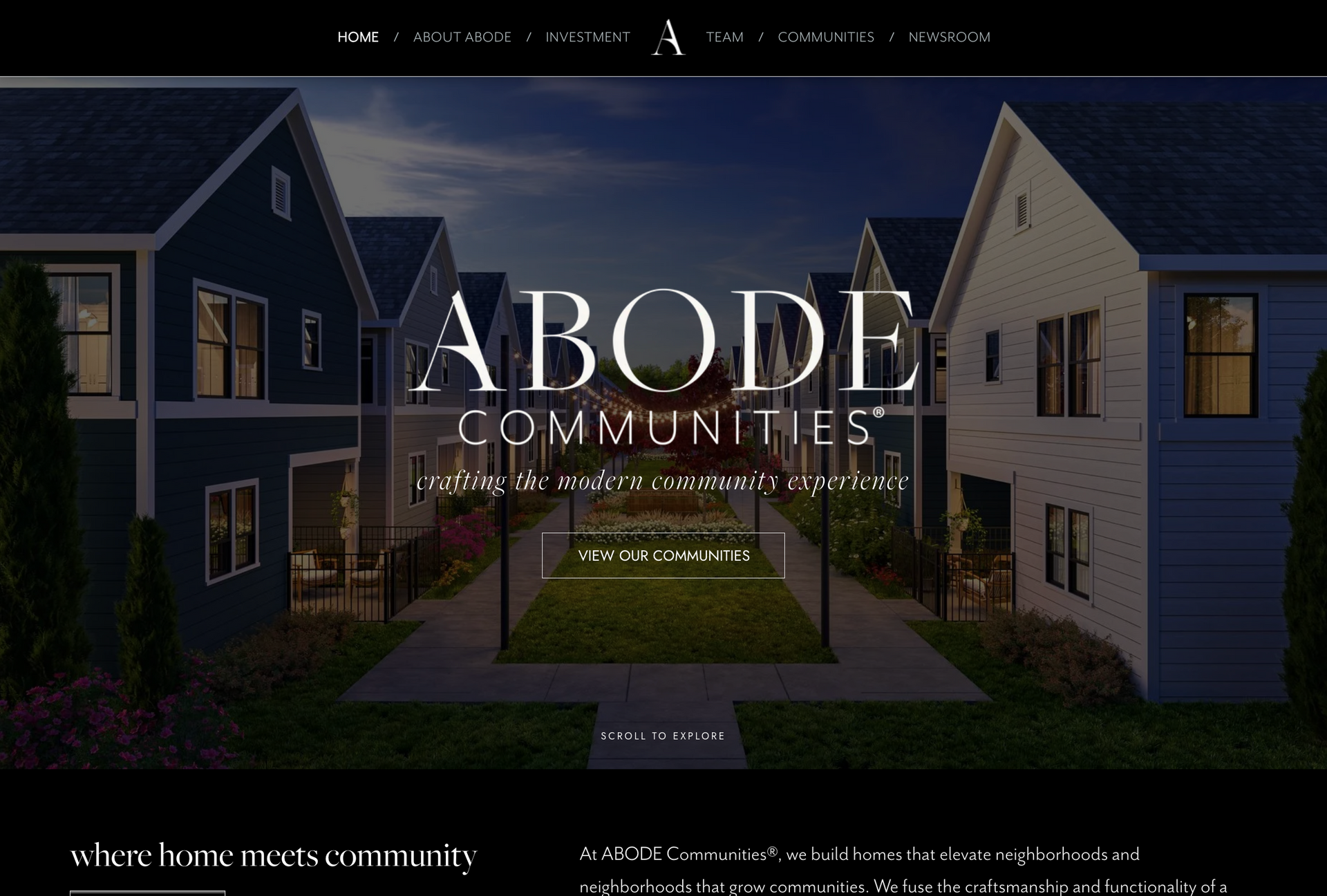A screenshot of a website for abode communities