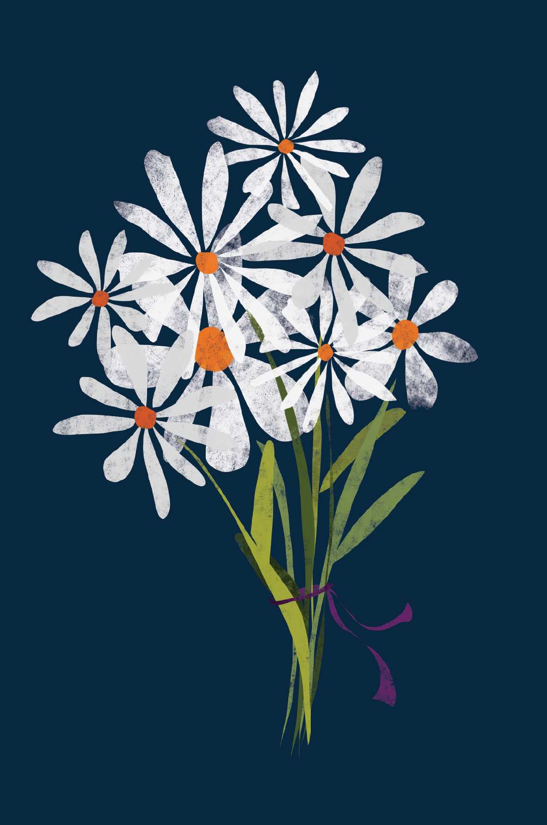 A blue card with white daisies on it is sitting next to a white envelope.