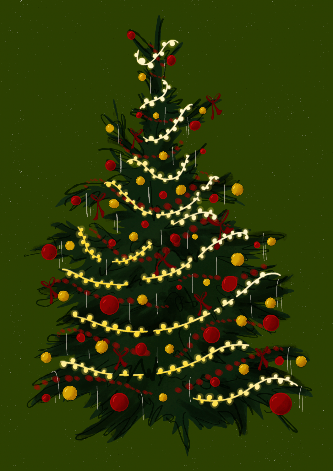 A green christmas card with a christmas tree on it