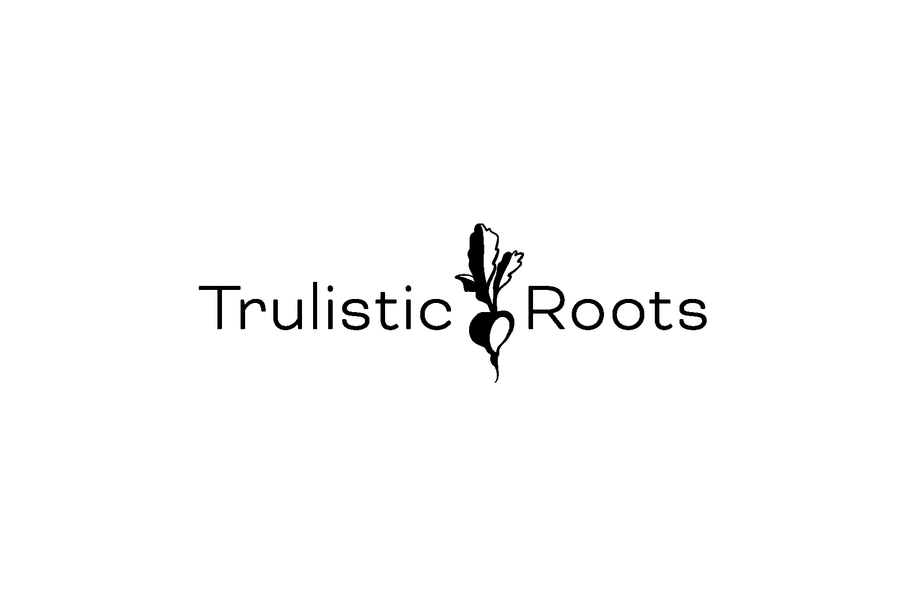 A black and white logo for a company called truistic roots.