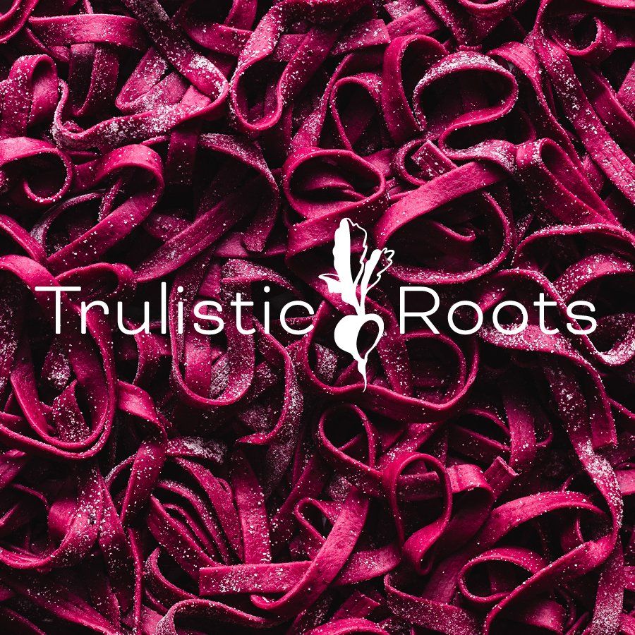A bunch of purple noodles with the words truistic roots on it
