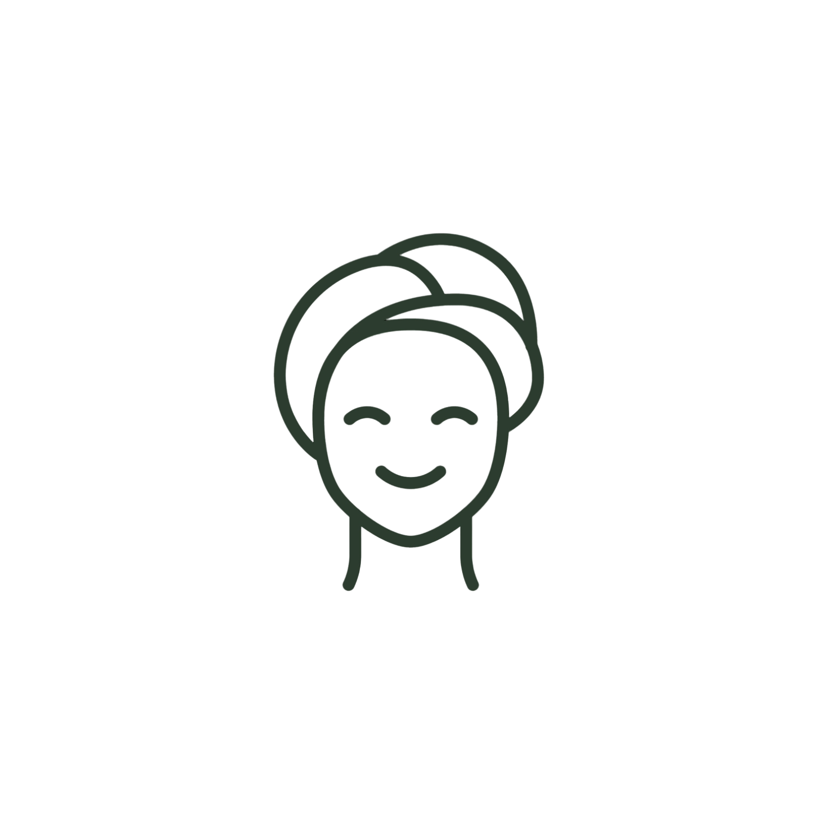 A woman with a towel wrapped around her head is smiling.