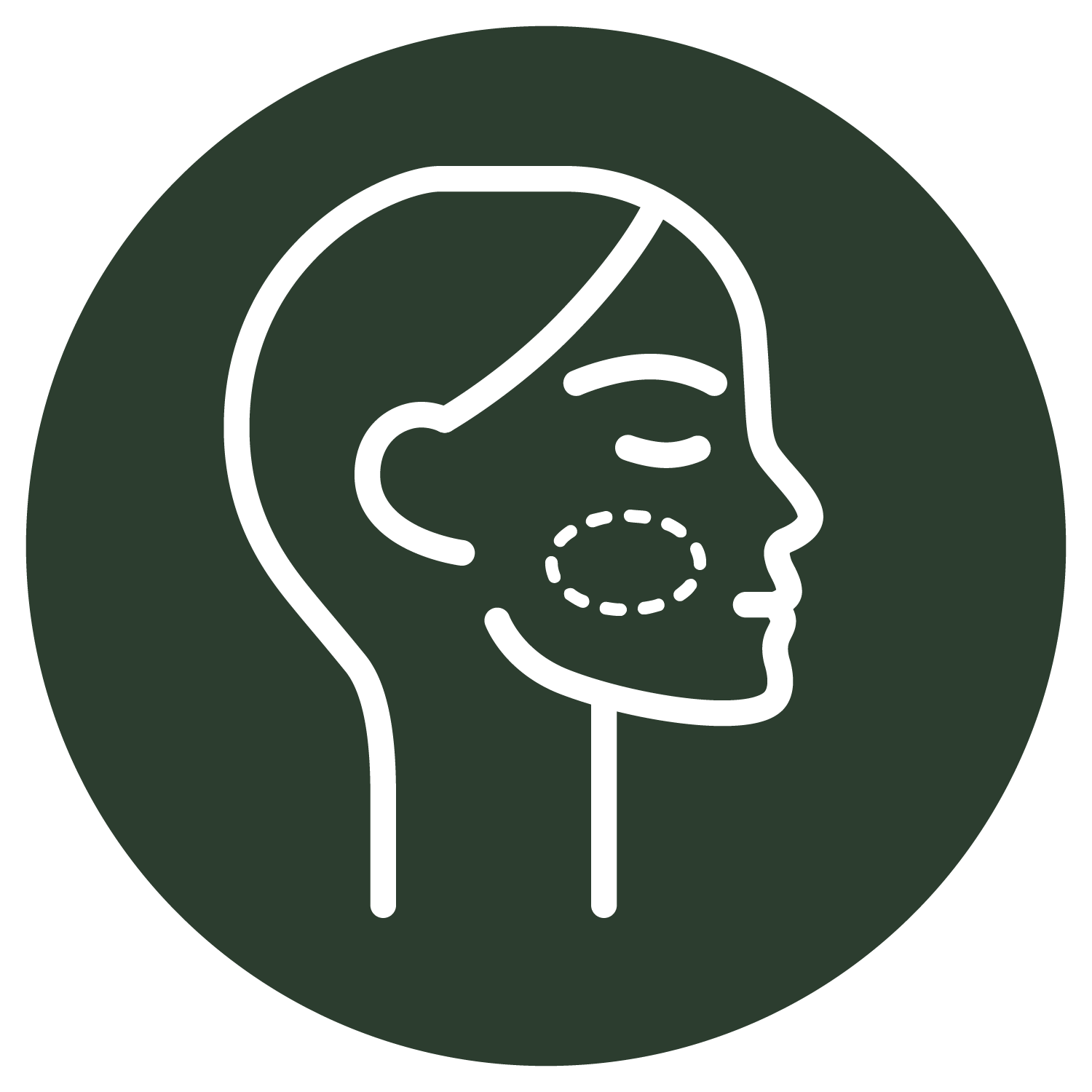A line drawing of a woman 's face with a circle in her mouth.