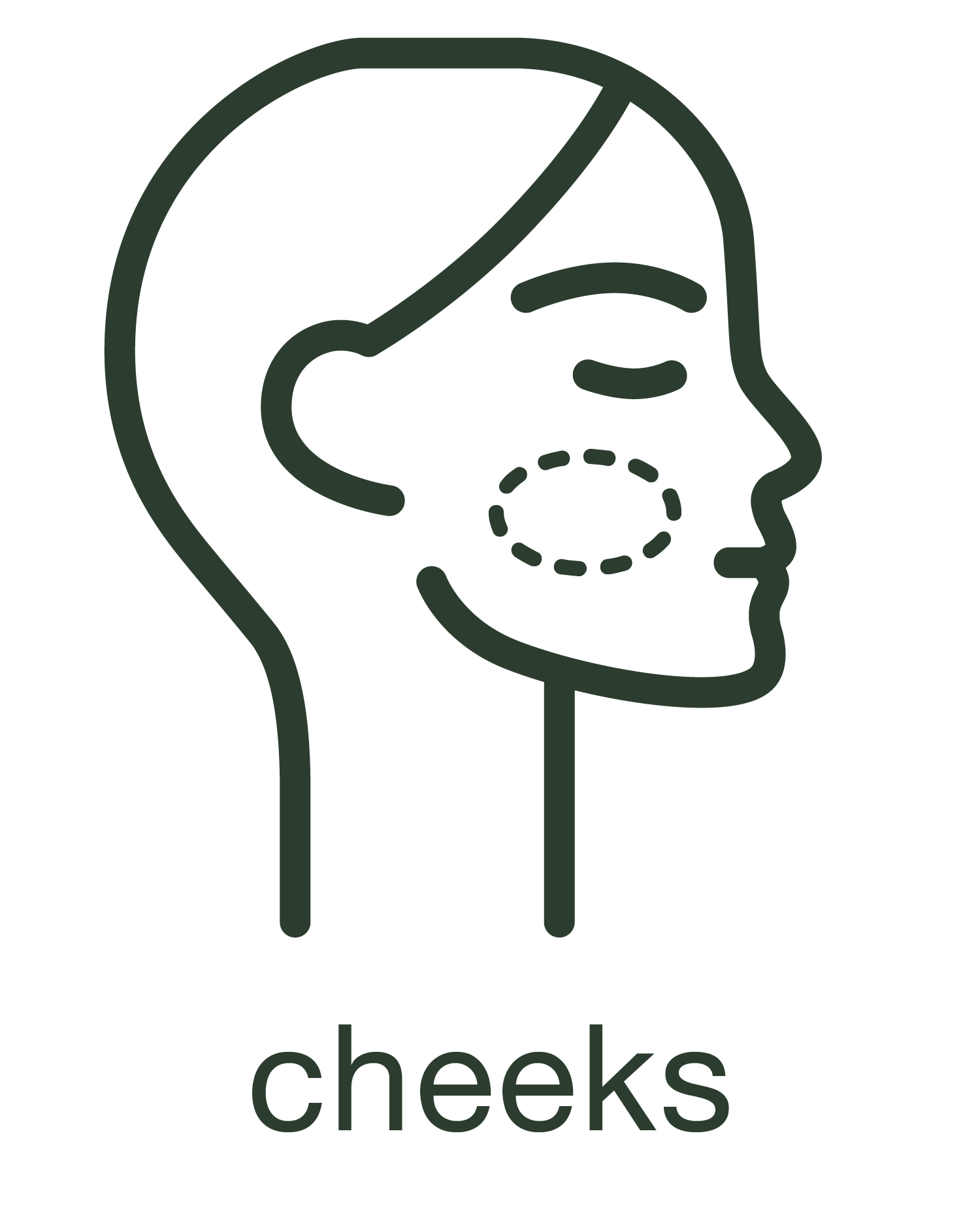 A line drawing of a woman 's face with a circle on her cheek.