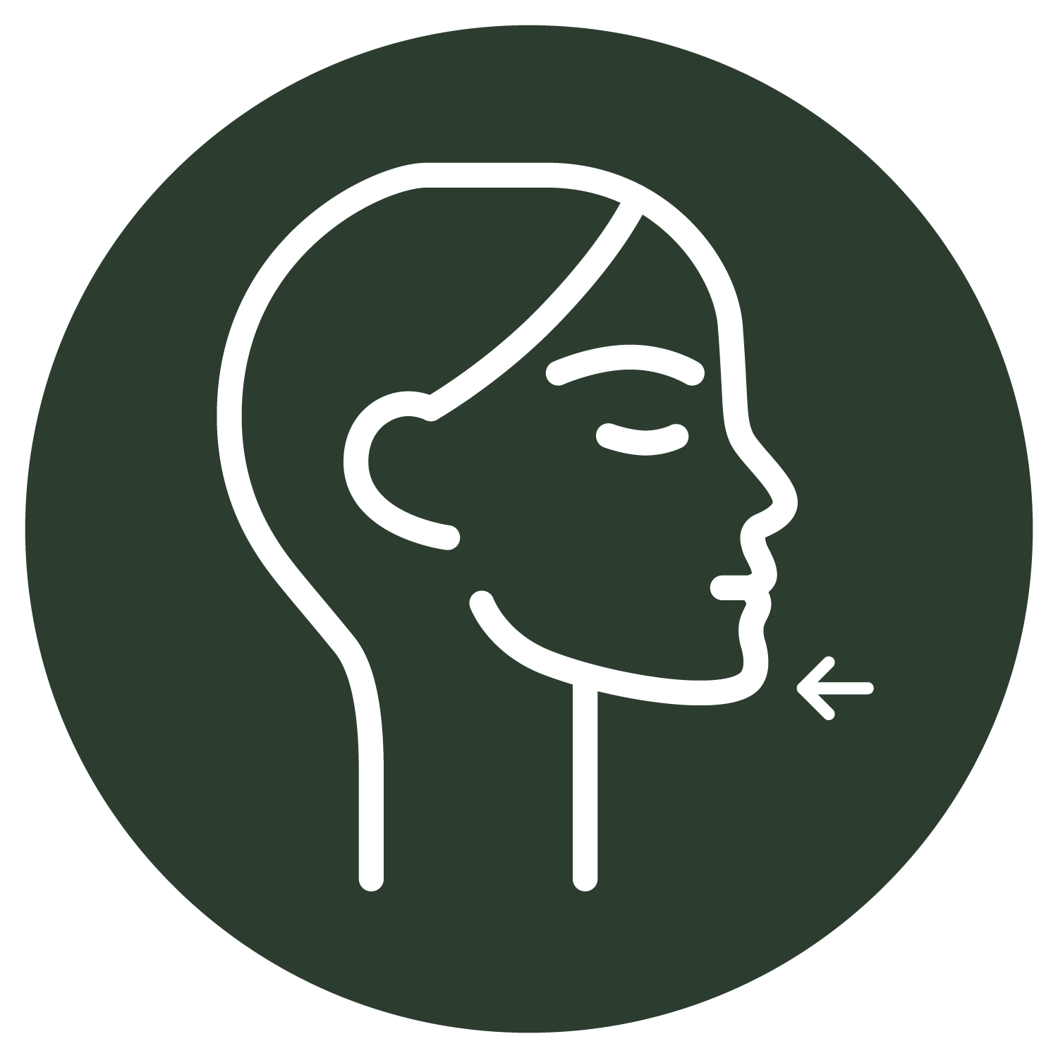 A line drawing of a woman 's face with her eyes closed and an arrow pointing to her mouth.