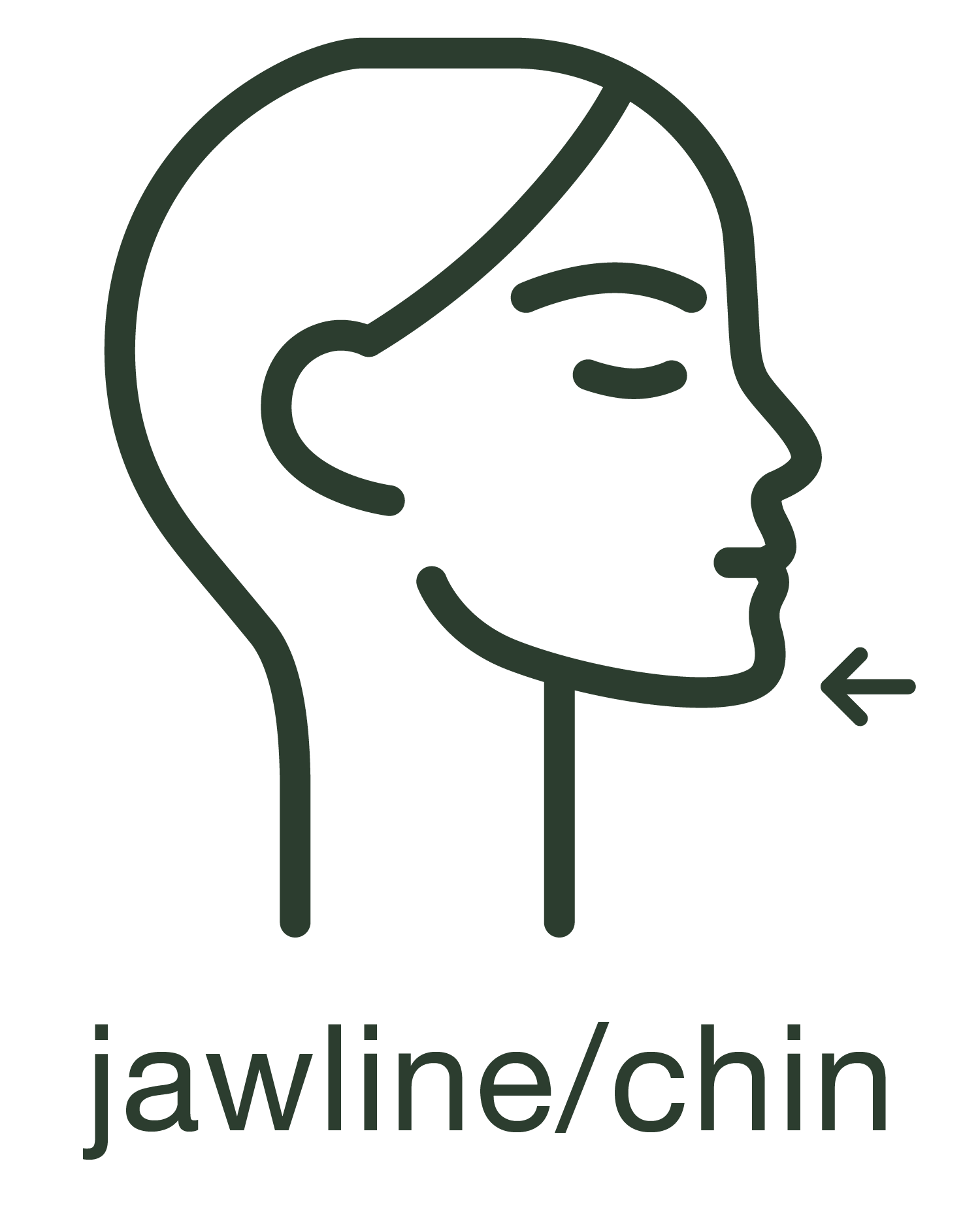 A line drawing of a woman 's face with her eyes closed and an arrow pointing to her chin.