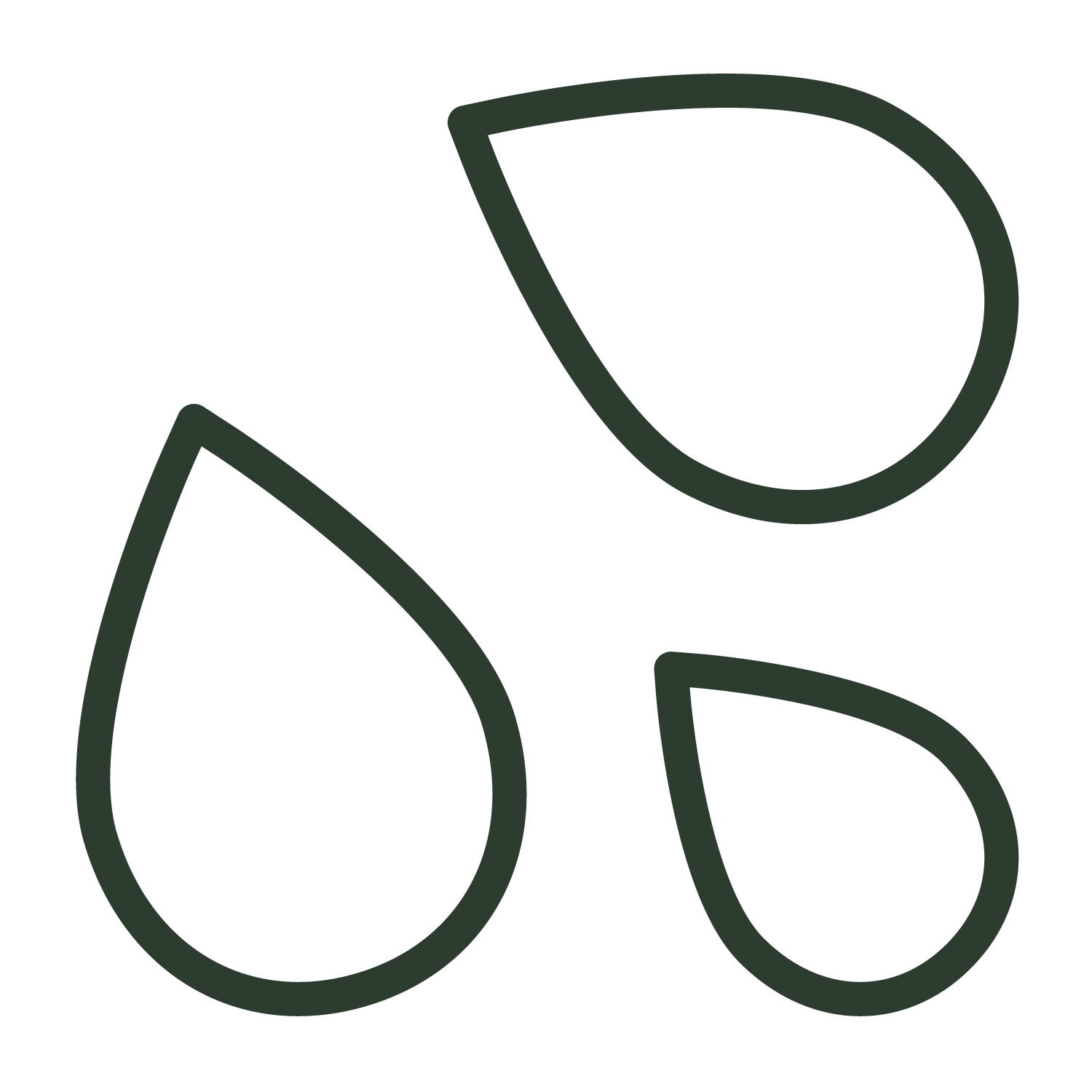 A line drawing of three drops of water on a white background.