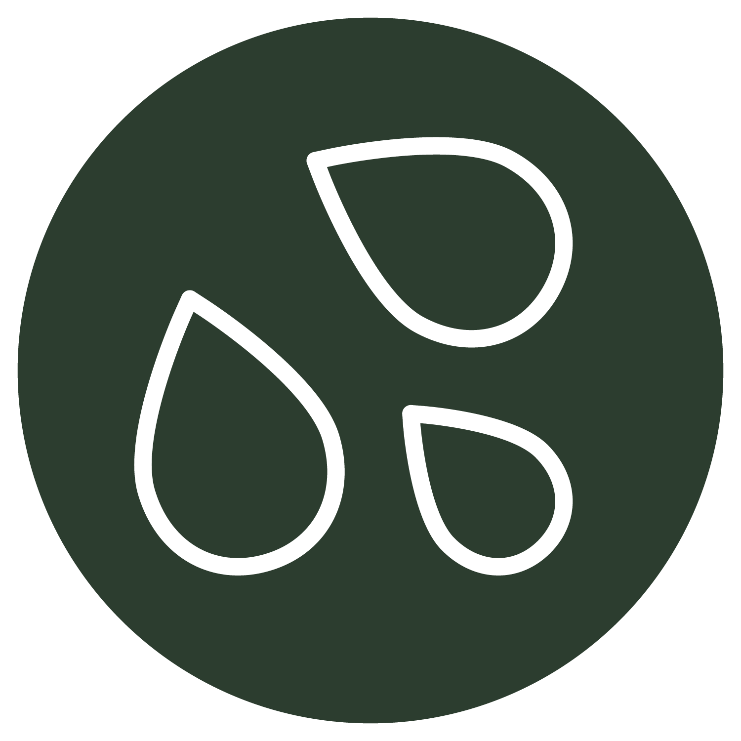 A green circle with three white drops of water in it.