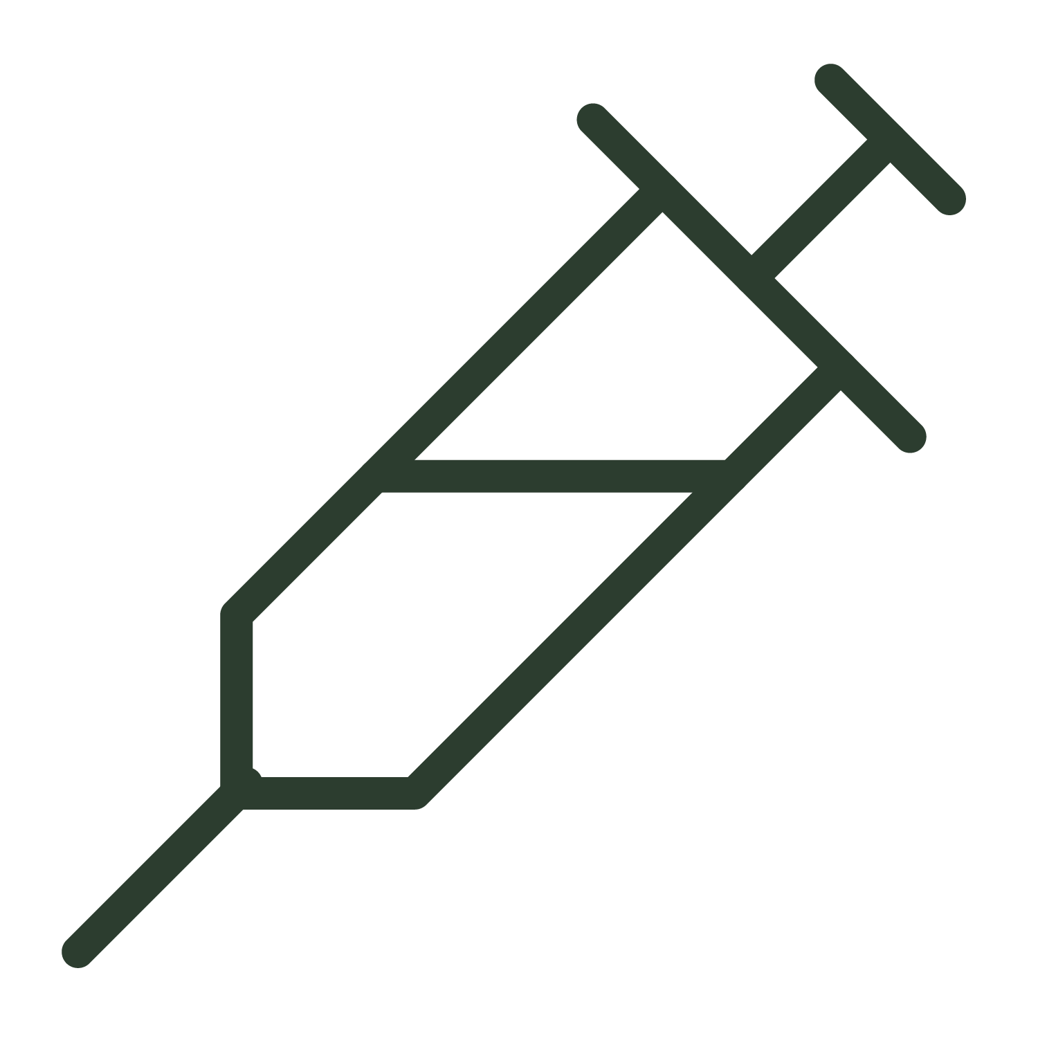 A line drawing of a syringe with a needle sticking out of it.