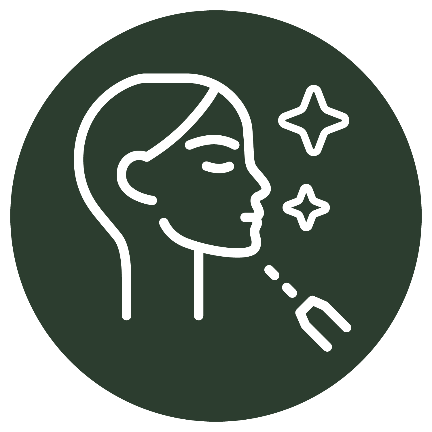 Line icon of a person's profile with sparkles, indicating a facial or skin care treatment.