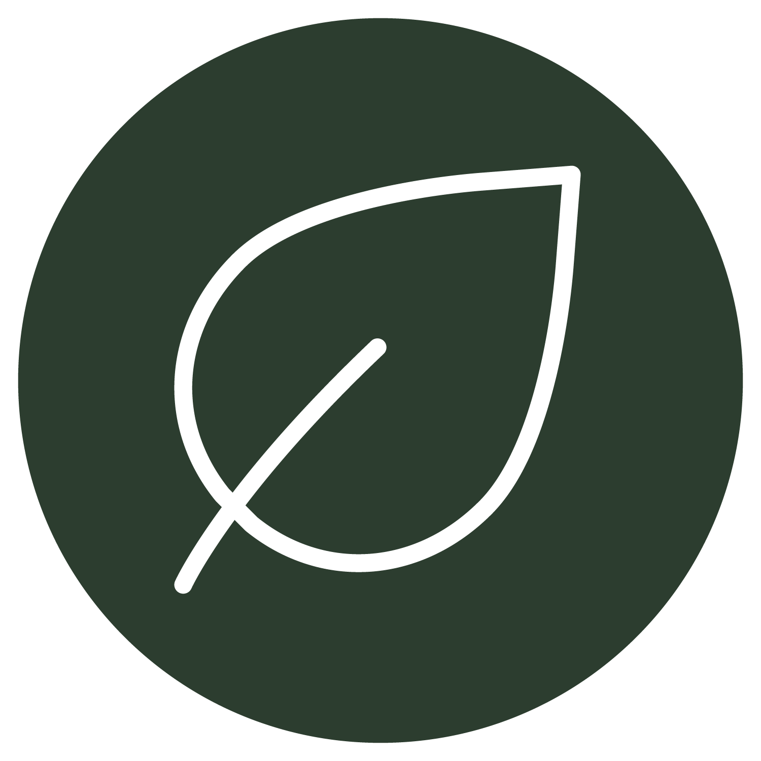 White leaf outline on a dark green circle.