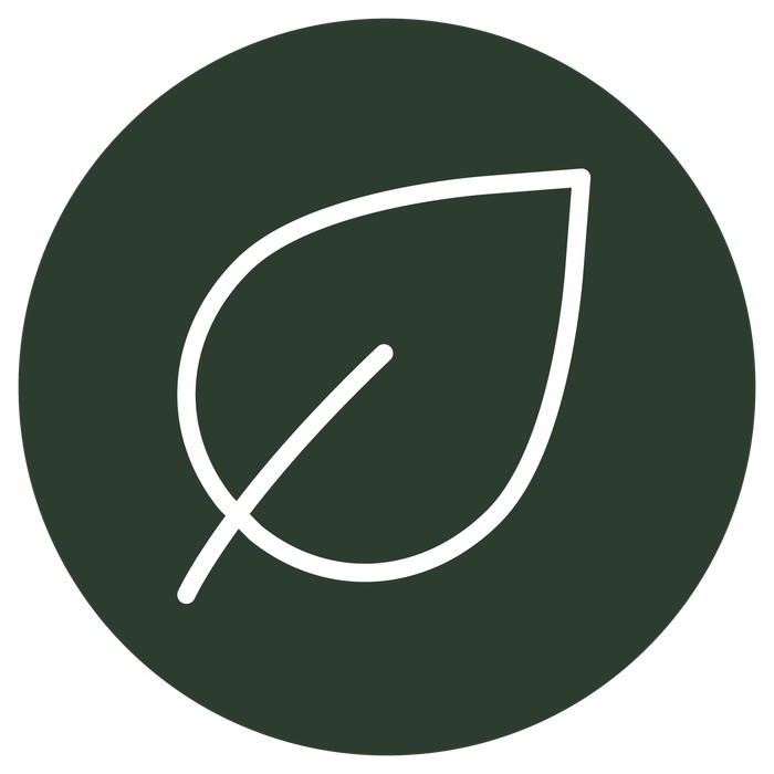 White leaf outline on a dark green circle.