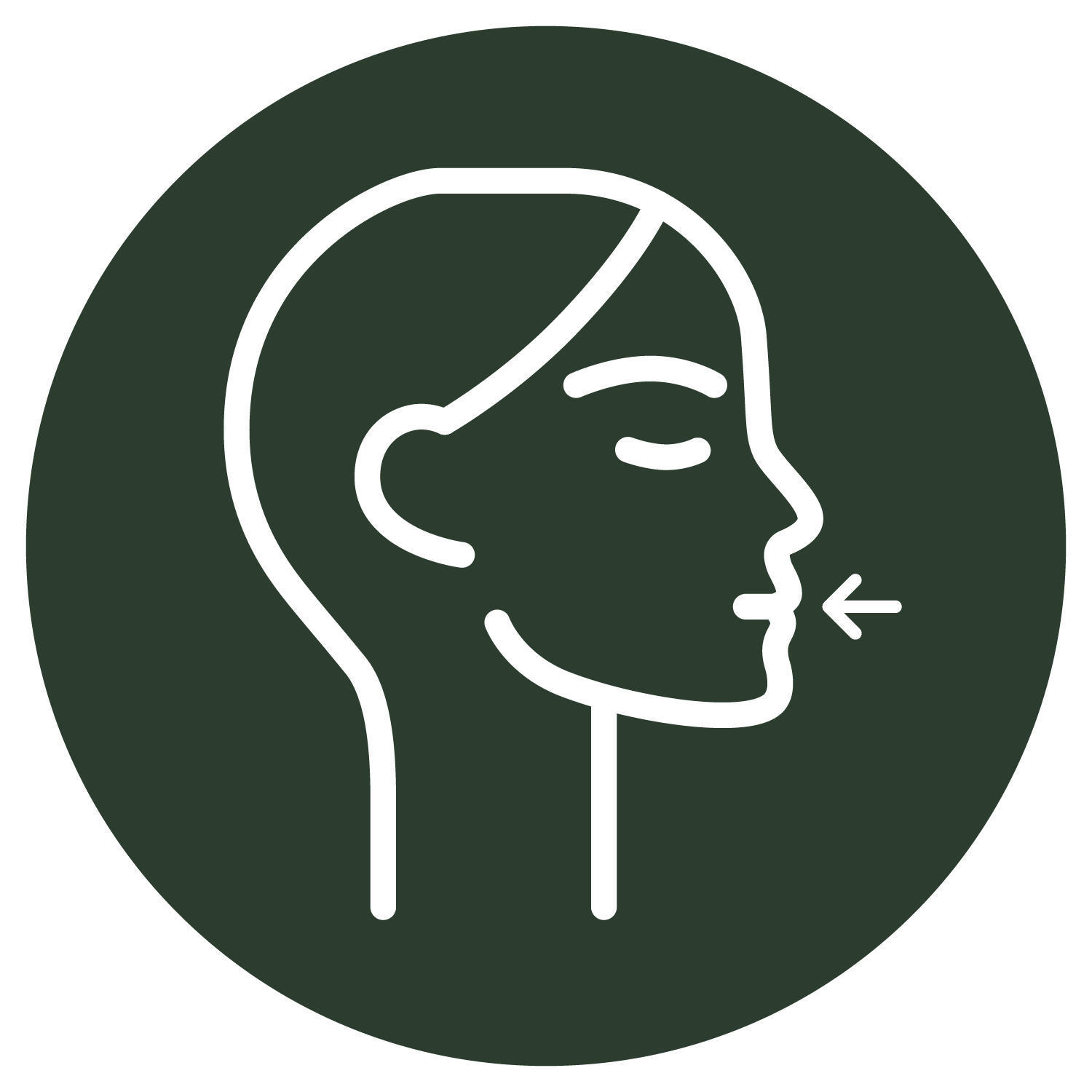 A line drawing of a woman 's face with her eyes closed and an arrow pointing to her mouth.